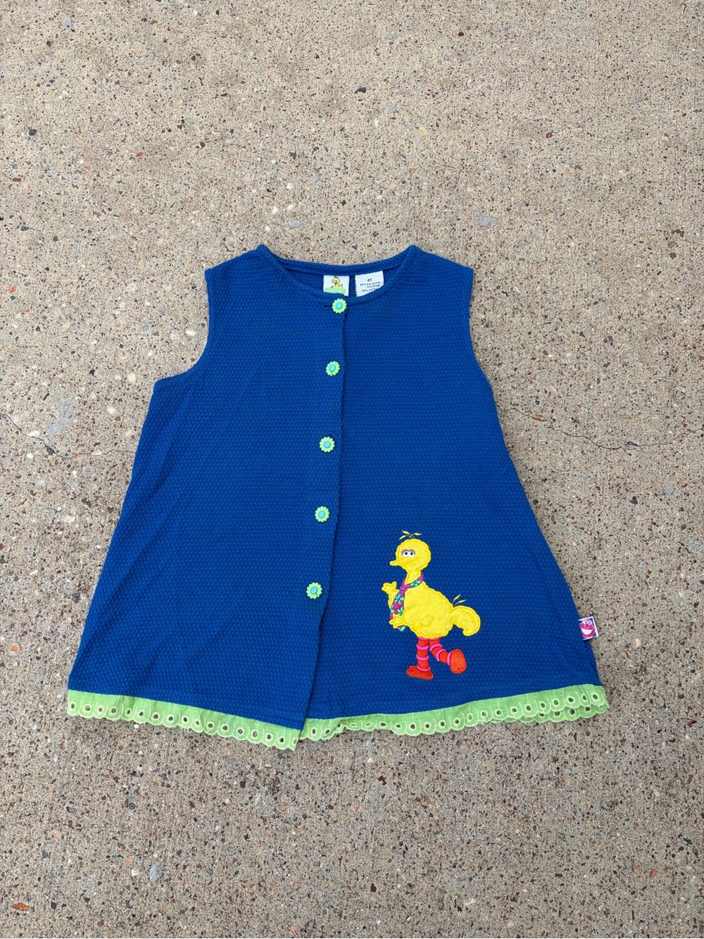 Rare Vintage Sesame Street Royal Blue Knit dress with Lime Flower Buttons